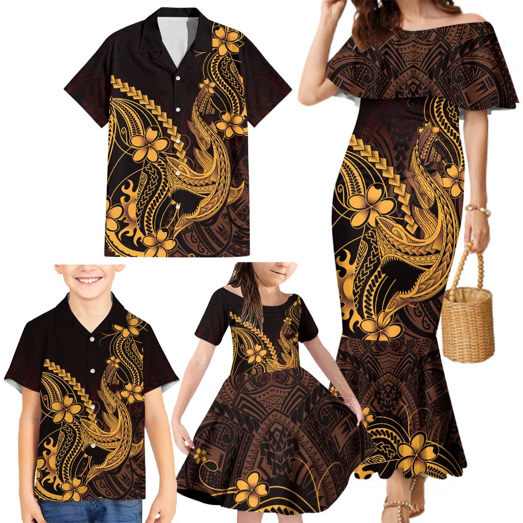 Gold Black Aloha Hawaii Family Matching Mermaid Dress and Hawaiian Shirt Polynesian Shark Tattoo With Plumeria - Polynesian Pride