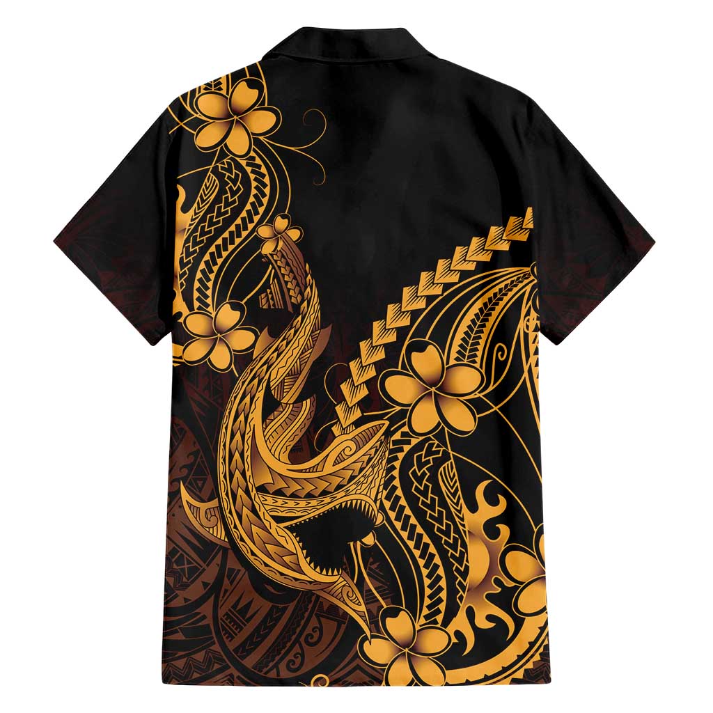 Gold Black Aloha Hawaii Family Matching Off The Shoulder Long Sleeve Dress and Hawaiian Shirt Polynesian Shark Tattoo With Plumeria - Polynesian Pride