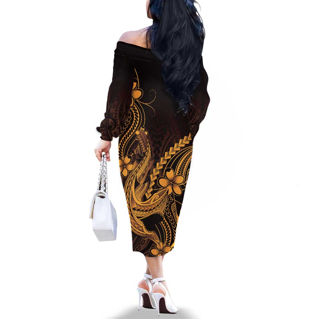 Gold Black Aloha Hawaii Family Matching Off The Shoulder Long Sleeve Dress and Hawaiian Shirt Polynesian Shark Tattoo With Plumeria - Polynesian Pride