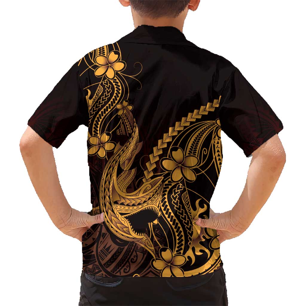 Gold Black Aloha Hawaii Family Matching Puletasi and Hawaiian Shirt Polynesian Shark Tattoo With Plumeria - Polynesian Pride