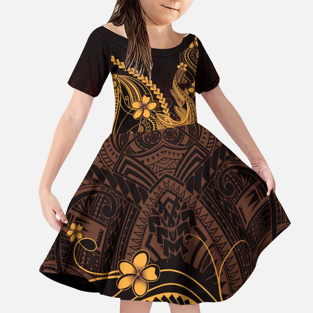 Gold Black Aloha Hawaii Family Matching Puletasi and Hawaiian Shirt Polynesian Shark Tattoo With Plumeria - Polynesian Pride