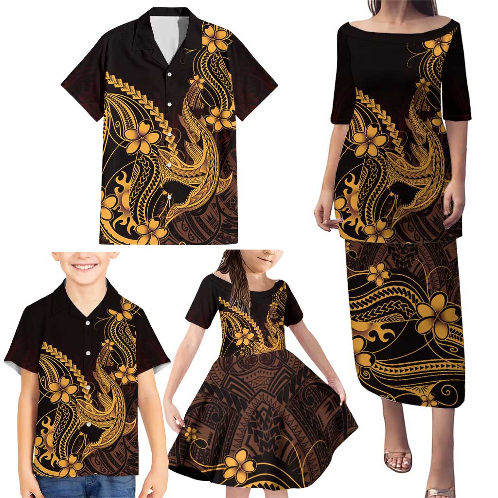 Gold Black Aloha Hawaii Family Matching Puletasi and Hawaiian Shirt Polynesian Shark Tattoo With Plumeria - Polynesian Pride