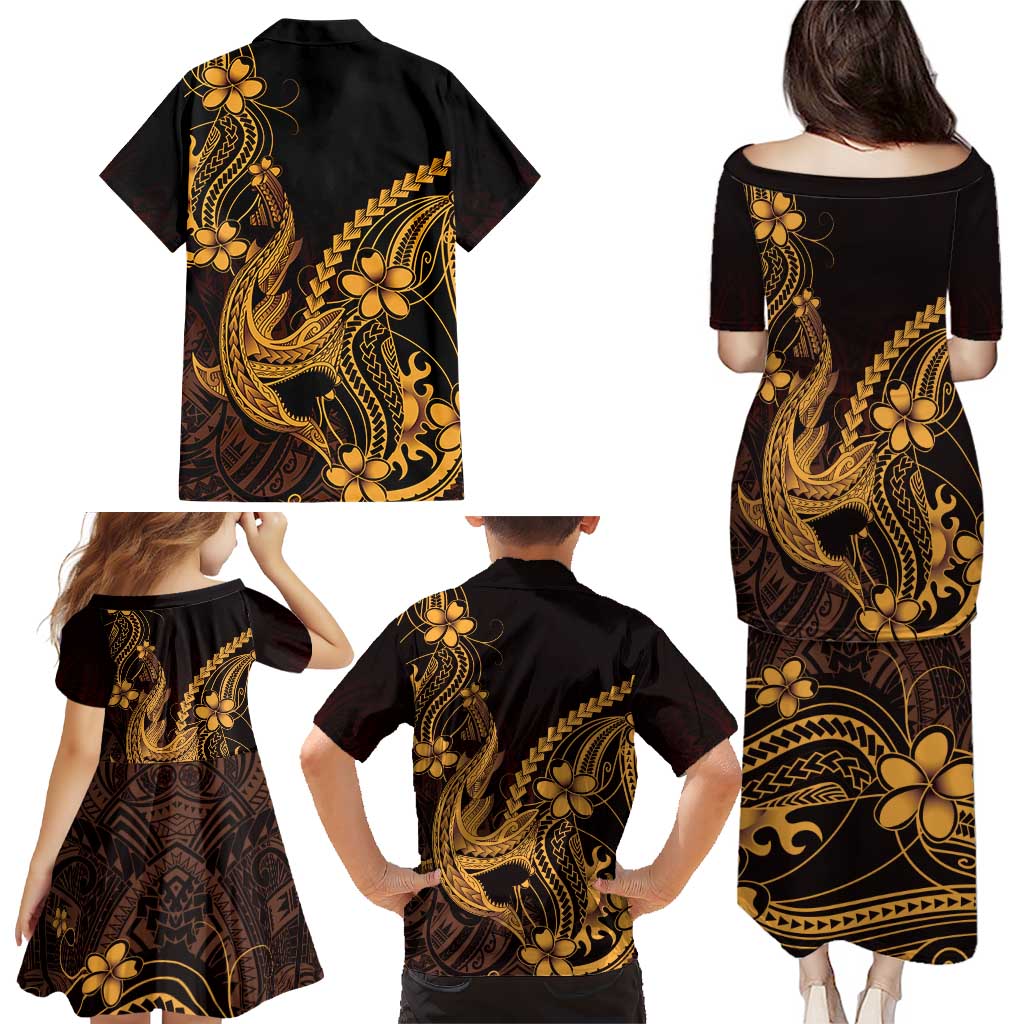 Gold Black Aloha Hawaii Family Matching Puletasi and Hawaiian Shirt Polynesian Shark Tattoo With Plumeria - Polynesian Pride