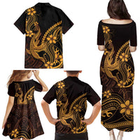 Gold Black Aloha Hawaii Family Matching Puletasi and Hawaiian Shirt Polynesian Shark Tattoo With Plumeria - Polynesian Pride