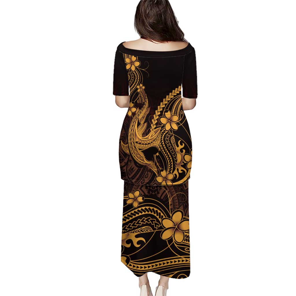 Gold Black Aloha Hawaii Family Matching Puletasi and Hawaiian Shirt Polynesian Shark Tattoo With Plumeria - Polynesian Pride
