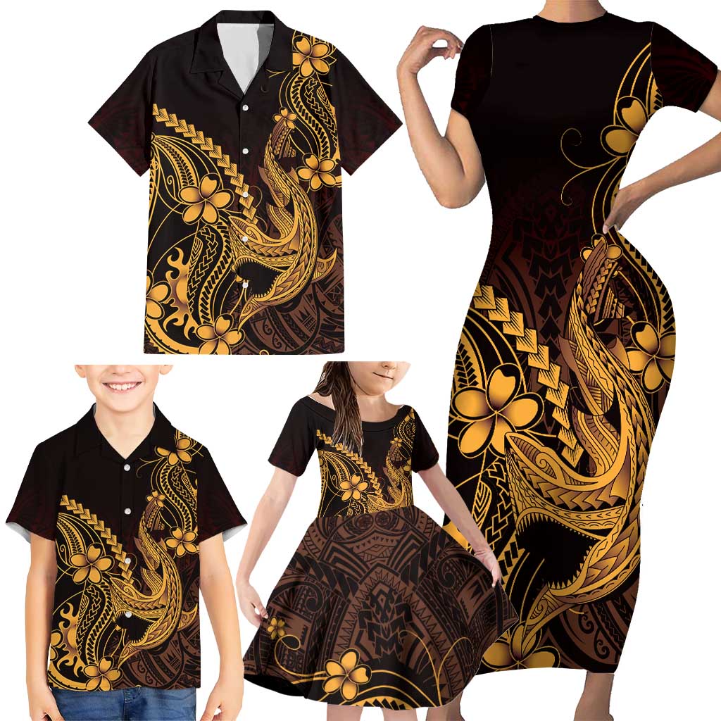 Gold Black Aloha Hawaii Family Matching Short Sleeve Bodycon Dress and Hawaiian Shirt Polynesian Shark Tattoo With Plumeria - Polynesian Pride