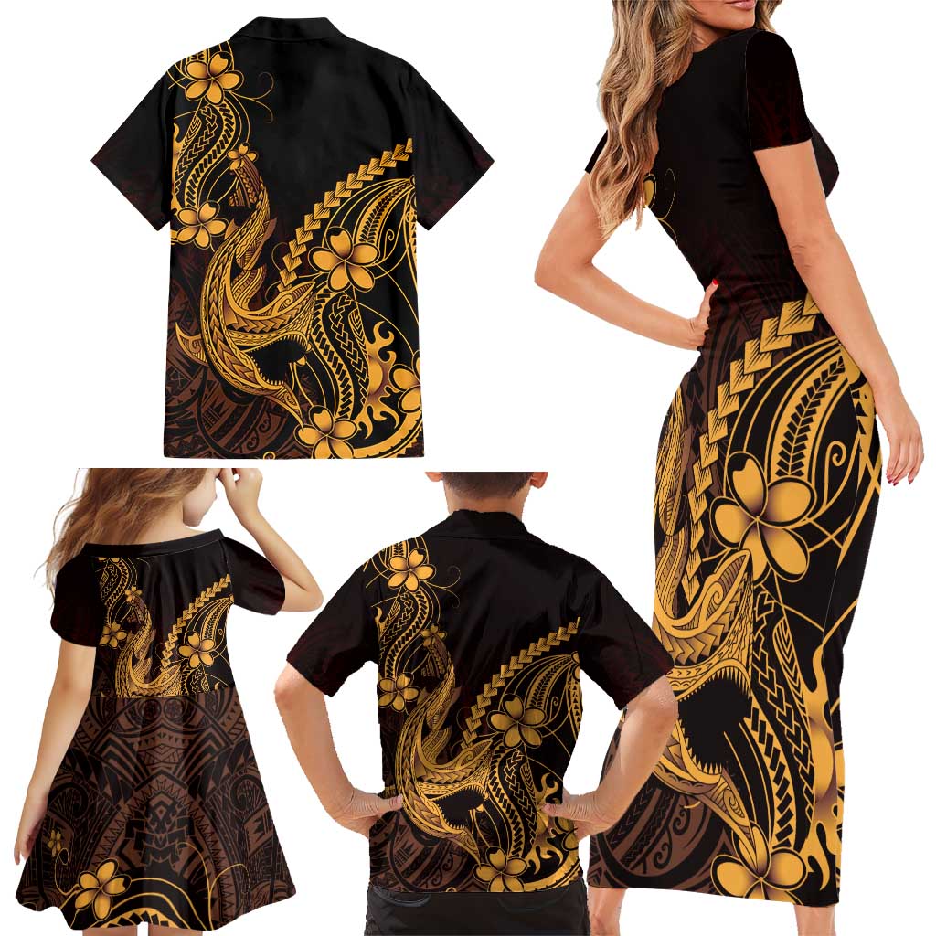 Gold Black Aloha Hawaii Family Matching Short Sleeve Bodycon Dress and Hawaiian Shirt Polynesian Shark Tattoo With Plumeria - Polynesian Pride
