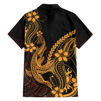 Gold Black Aloha Hawaii Family Matching Short Sleeve Bodycon Dress and Hawaiian Shirt Polynesian Shark Tattoo With Plumeria - Polynesian Pride