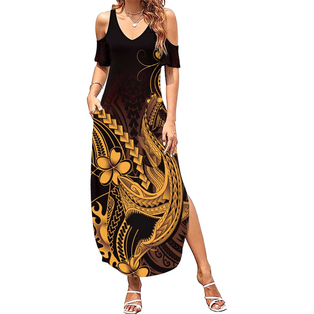 Gold Black Aloha Hawaii Family Matching Summer Maxi Dress and Hawaiian Shirt Polynesian Shark Tattoo With Plumeria - Polynesian Pride