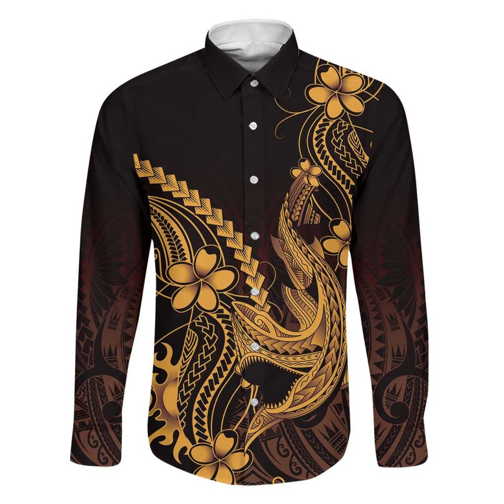 Gold Black Aloha Hawaii Family Matching Tank Maxi Dress and Hawaiian Shirt Polynesian Shark Tattoo With Plumeria - Polynesian Pride