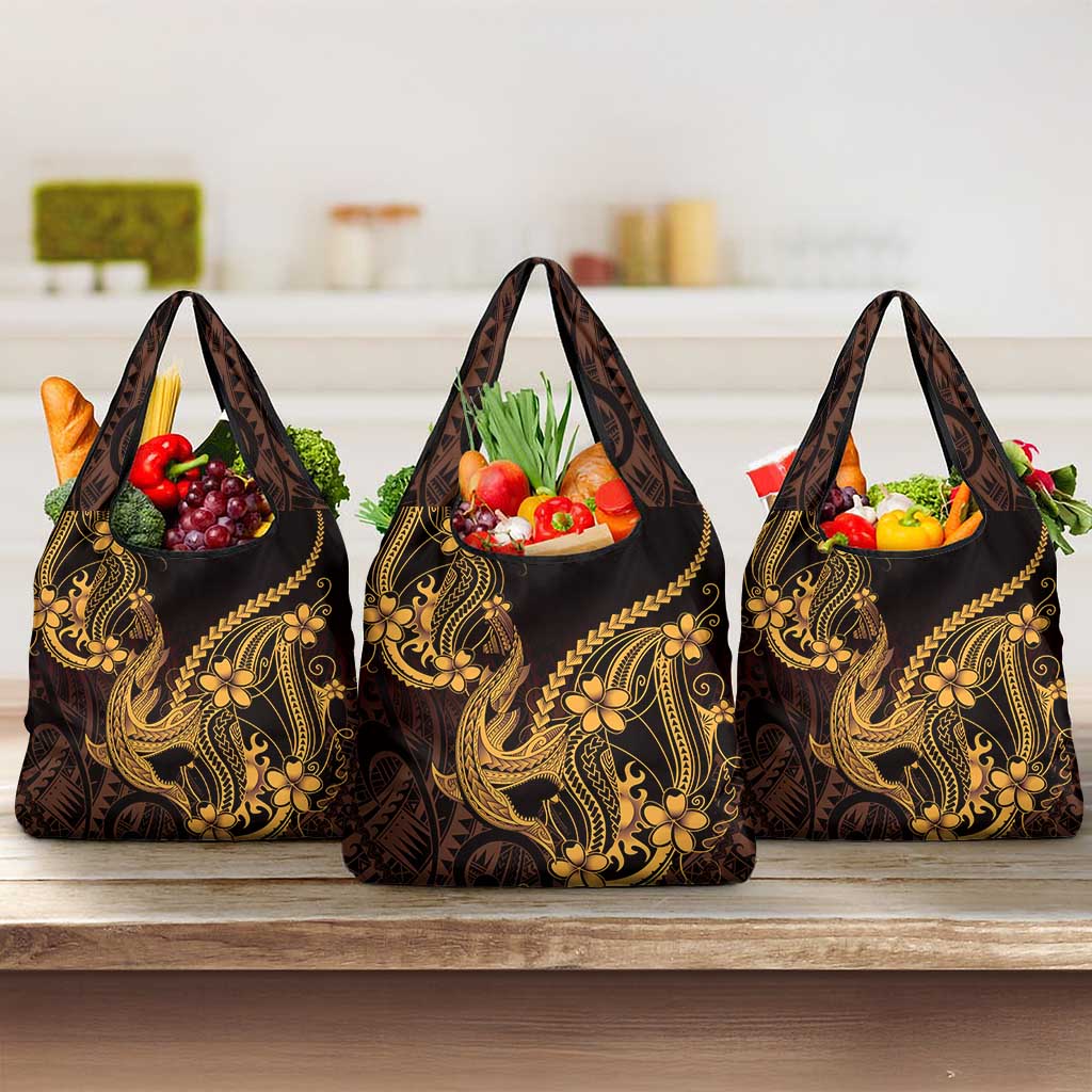 Gold Black Aloha Hawaii Grocery Bag Polynesian Shark Tattoo With Plumeria LT14 3-pack One Size Gold - Polynesian Pride