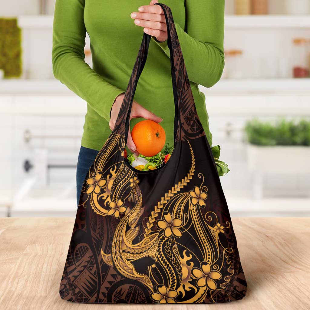 Gold Black Aloha Hawaii Grocery Bag Polynesian Shark Tattoo With Plumeria LT14 - Polynesian Pride