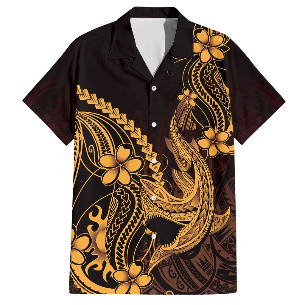 Gold Black Aloha Hawaii Hawaiian Shirt Polynesian Shark Tattoo With Plumeria LT14 Gold - Polynesian Pride