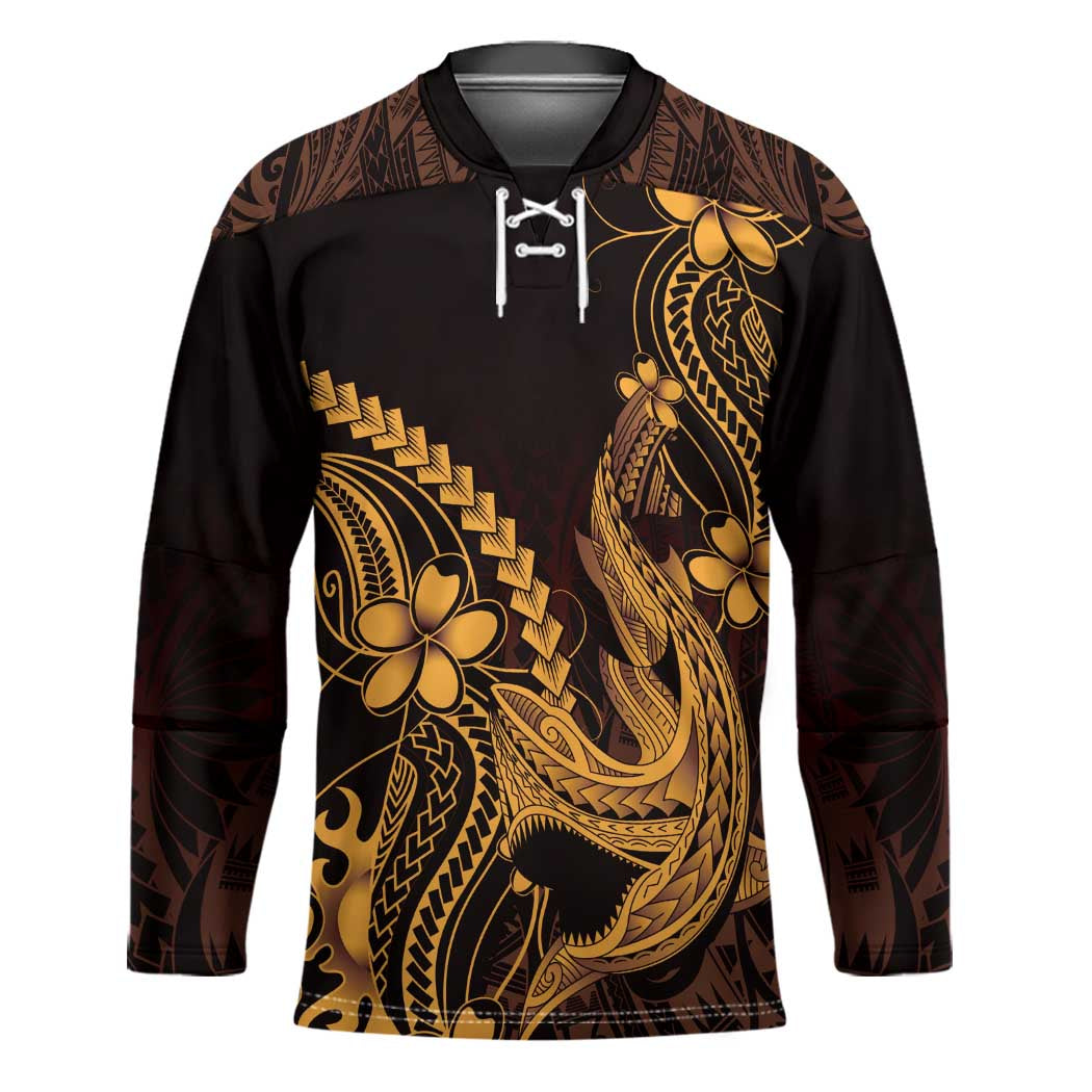 Gold Black Aloha Hawaii Hockey Jersey Polynesian Shark Tattoo With Plumeria LT14 Unisex Gold - Polynesian Pride