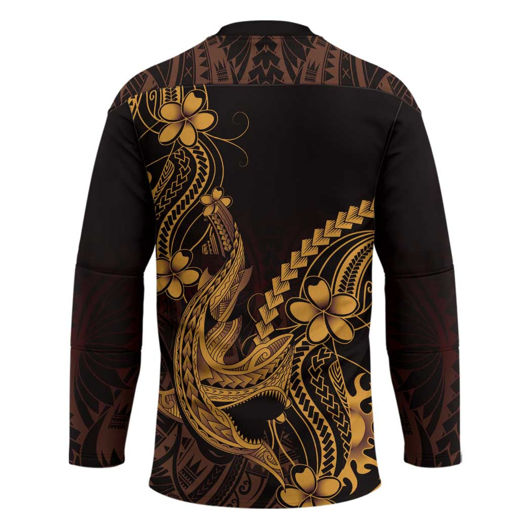 Gold Black Aloha Hawaii Hockey Jersey Polynesian Shark Tattoo With Plumeria LT14 - Polynesian Pride