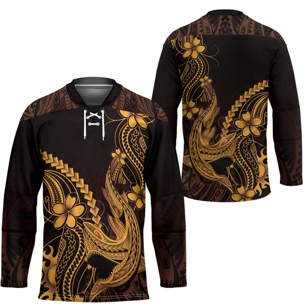 Gold Black Aloha Hawaii Hockey Jersey Polynesian Shark Tattoo With Plumeria LT14 - Polynesian Pride