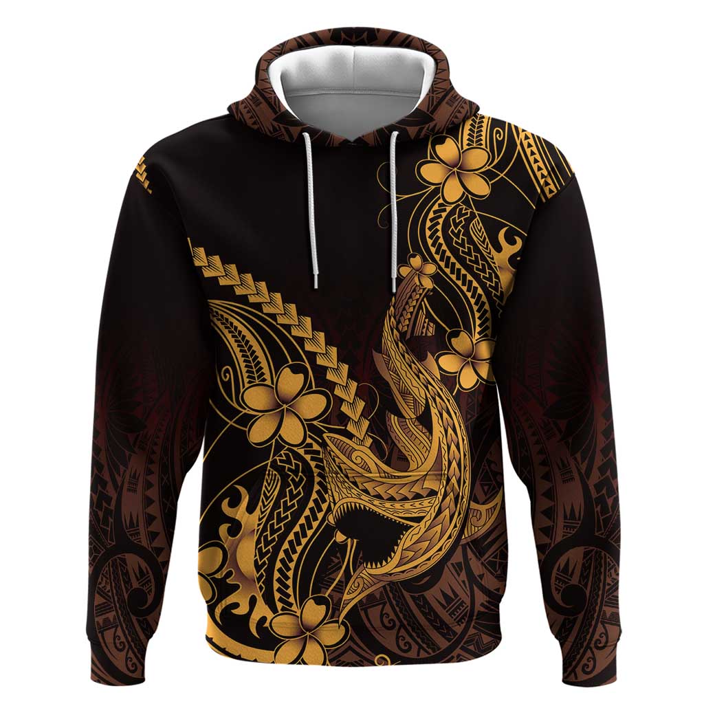Gold Black Aloha Hawaii Hoodie Polynesian Shark Tattoo With Plumeria LT14 Pullover Hoodie Gold - Polynesian Pride