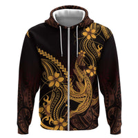 Gold Black Aloha Hawaii Hoodie Polynesian Shark Tattoo With Plumeria LT14 Zip Hoodie Gold - Polynesian Pride