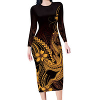 Gold Black Aloha Hawaii Long Sleeve Bodycon Dress Polynesian Shark Tattoo With Plumeria LT14 Long Dress Gold - Polynesian Pride