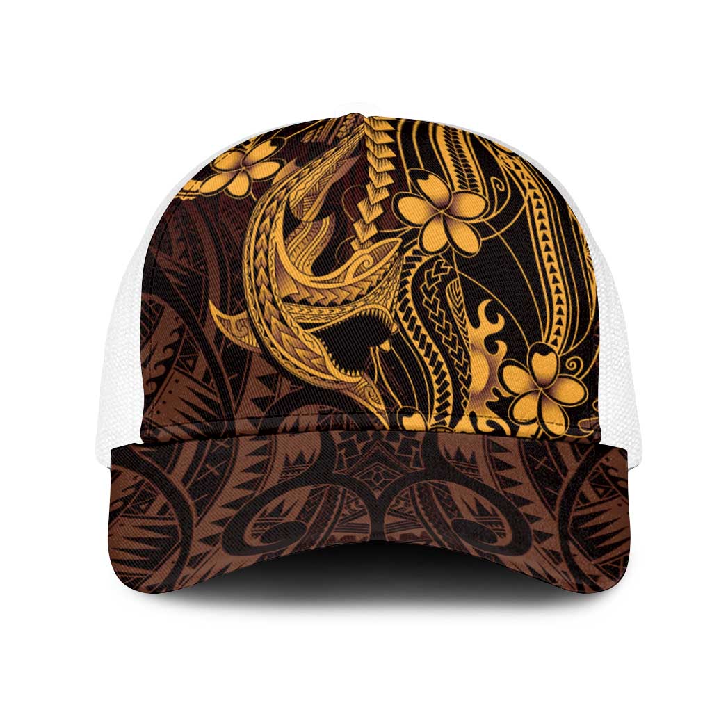 Gold Black Aloha Hawaii Mesh Trucker Cap Polynesian Shark Tattoo With Plumeria - Polynesian Pride