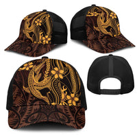Gold Black Aloha Hawaii Mesh Trucker Cap Polynesian Shark Tattoo With Plumeria - Polynesian Pride