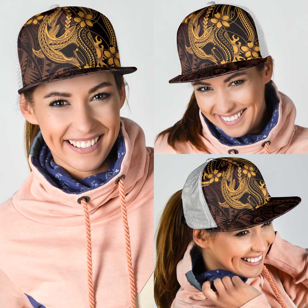 Gold Black Aloha Hawaii Mesh Trucker Cap Polynesian Shark Tattoo With Plumeria - Polynesian Pride