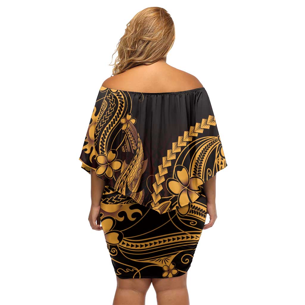 Gold Black Aloha Hawaii Off Shoulder Short Dress Polynesian Shark Tattoo With Plumeria - Polynesian Pride