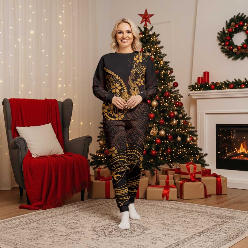 Gold Black Aloha Hawaii Christmas Pajama Set Polynesian Shark Tattoo With Plumeria LT14 Women Gold - Polynesian Pride