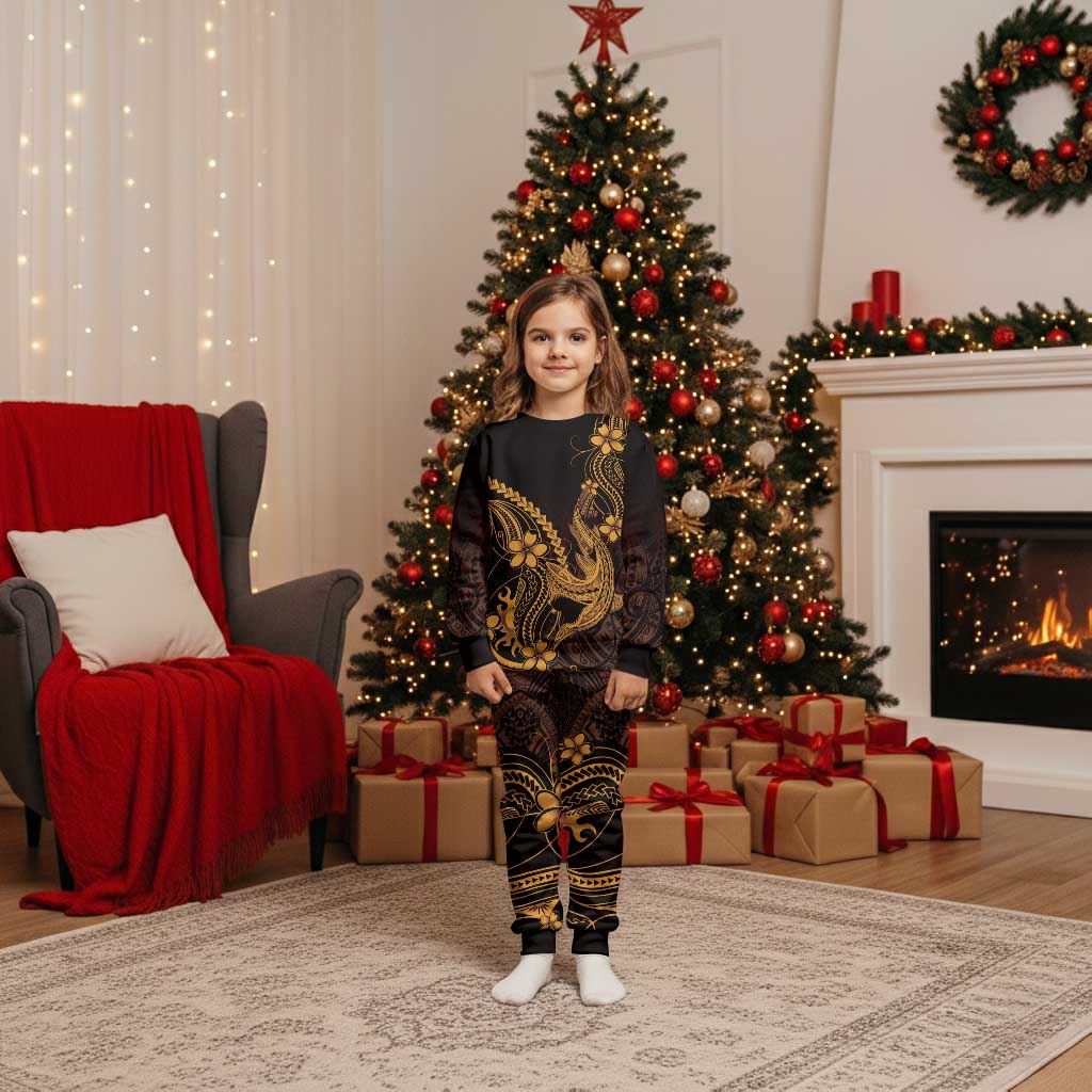 Gold Black Aloha Hawaii Christmas Pajama Set Polynesian Shark Tattoo With Plumeria LT14 Kid Gold - Polynesian Pride