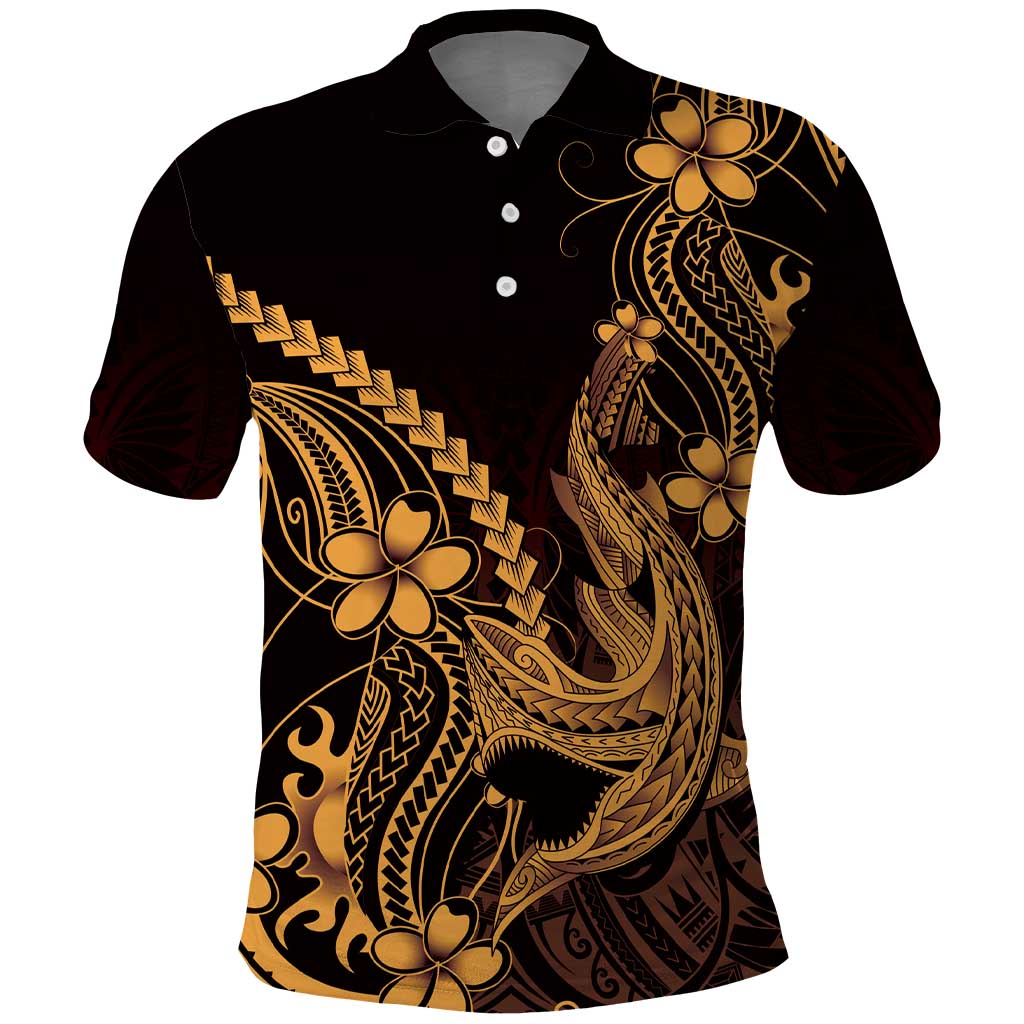 Gold Black Aloha Hawaii Polo Shirt - Polynesian Shark Tattoo With Plumeria LT14 Gold - Polynesian Pride