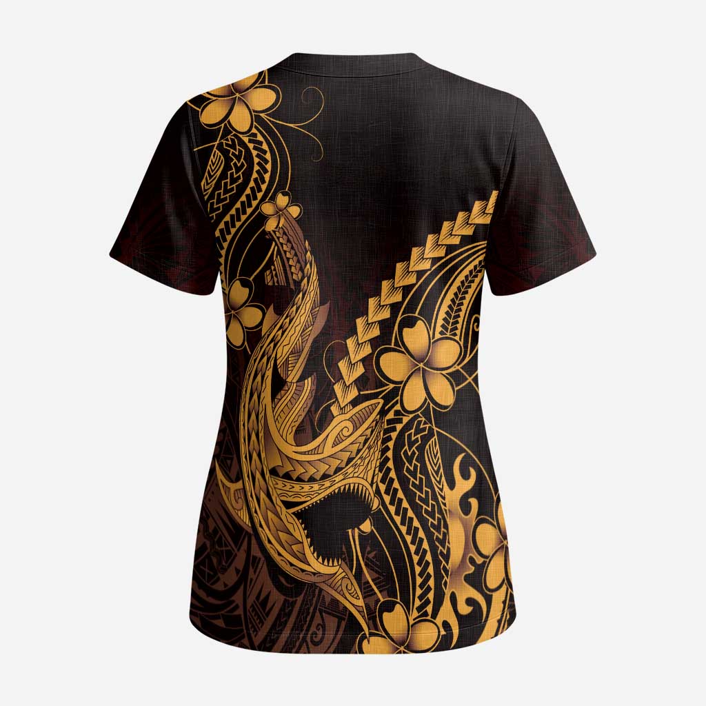 Gold Black Aloha Hawaii Scrub Top Polynesian Shark Tattoo With Plumeria LT14 - Polynesian Pride
