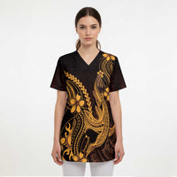 Gold Black Aloha Hawaii Scrub Top Polynesian Shark Tattoo With Plumeria LT14 - Polynesian Pride