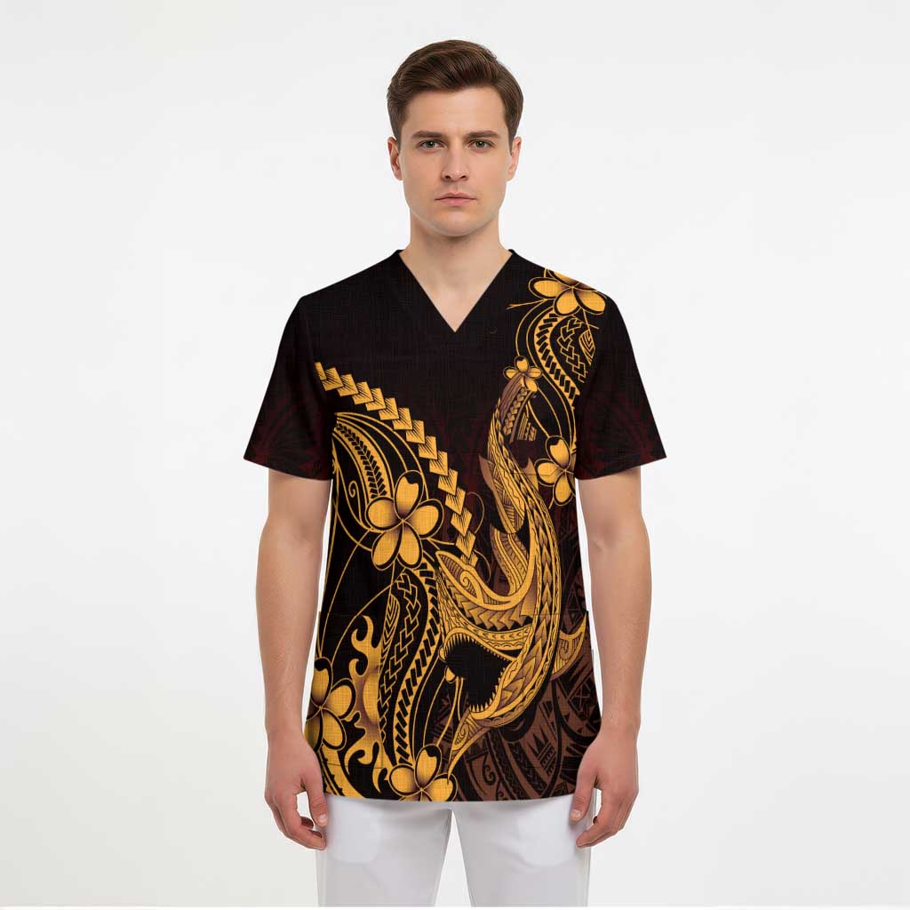 Gold Black Aloha Hawaii Scrub Top Polynesian Shark Tattoo With Plumeria LT14 - Polynesian Pride