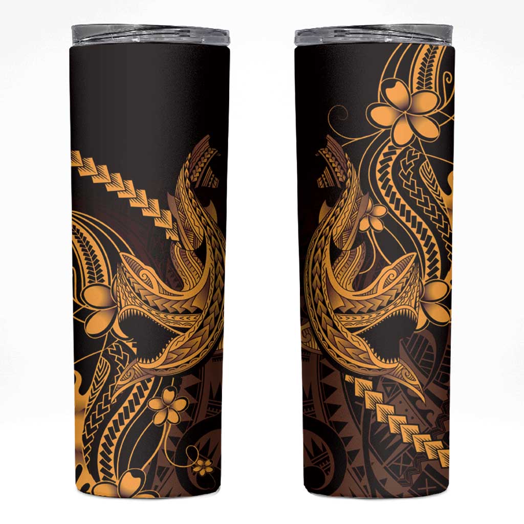Gold Black Aloha Hawaii Skinny Tumbler Polynesian Shark Tattoo With Plumeria LT14 Gold - Polynesian Pride