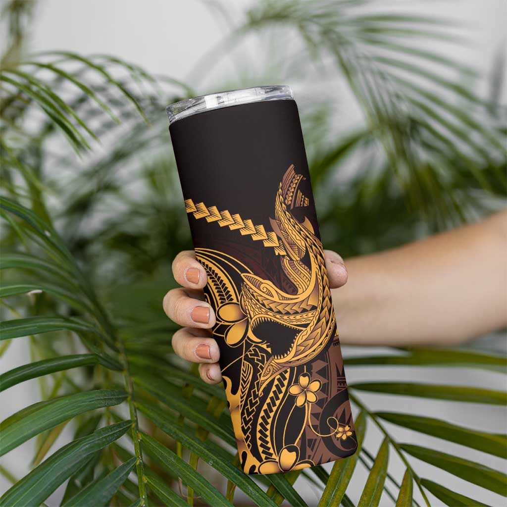 Gold Black Aloha Hawaii Skinny Tumbler Polynesian Shark Tattoo With Plumeria LT14 - Polynesian Pride
