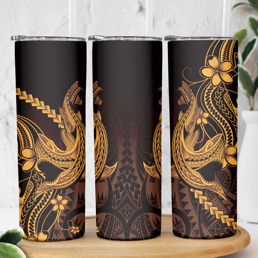 Gold Black Aloha Hawaii Skinny Tumbler Polynesian Shark Tattoo With Plumeria LT14 - Polynesian Pride