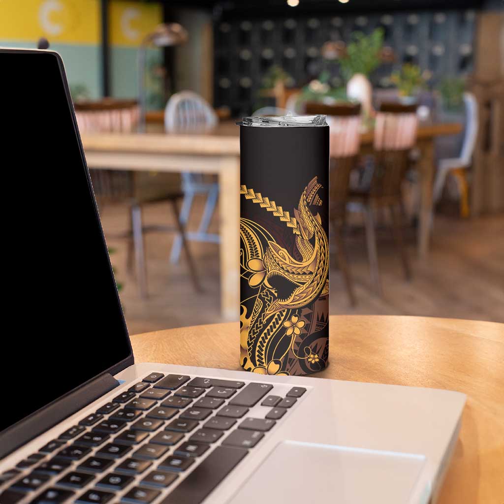 Gold Black Aloha Hawaii Skinny Tumbler Polynesian Shark Tattoo With Plumeria LT14 - Polynesian Pride