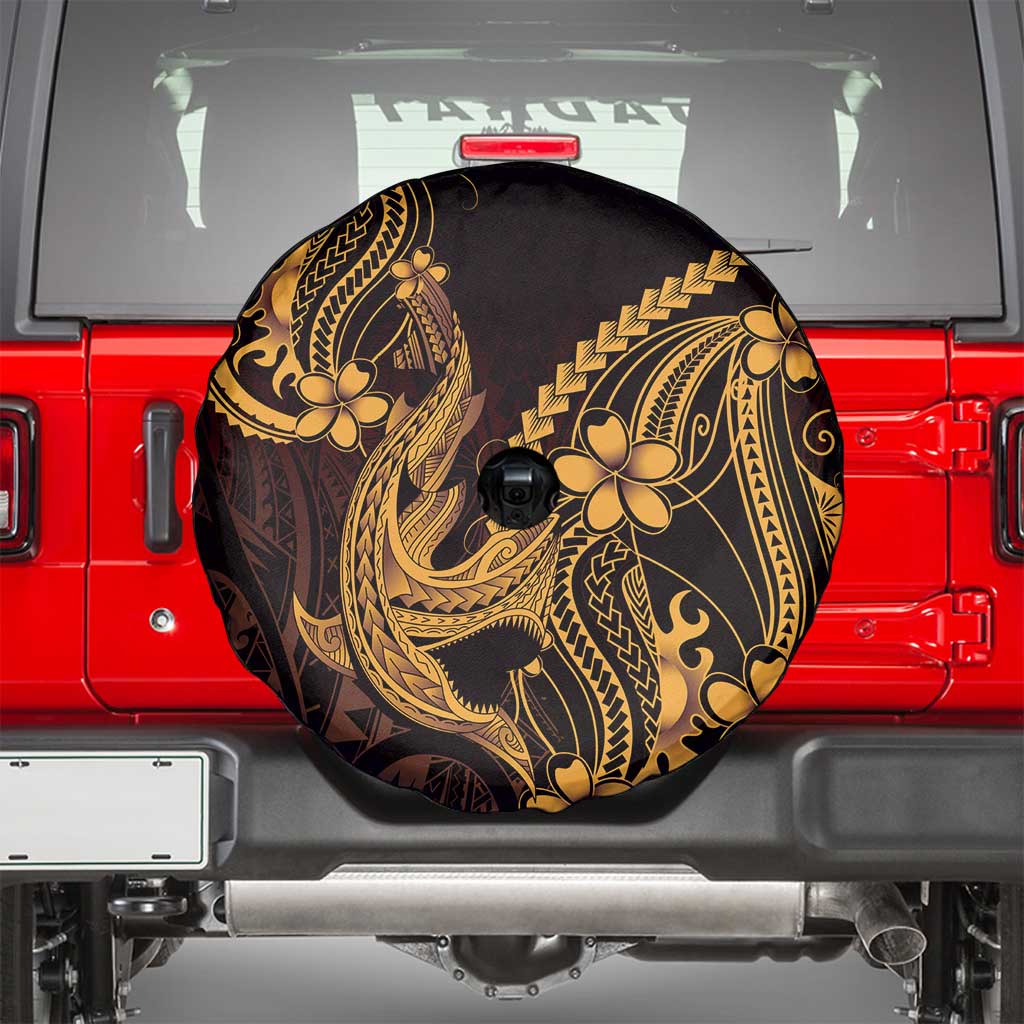 Gold Black Aloha Hawaii Spare Tire Cover Polynesian Shark Tattoo With Plumeria LT14 - Polynesian Pride