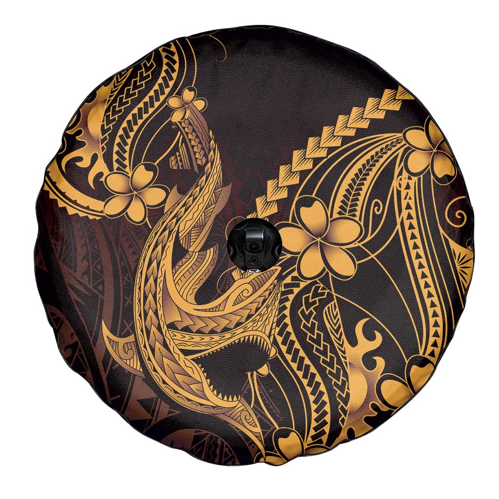 Gold Black Aloha Hawaii Spare Tire Cover Polynesian Shark Tattoo With Plumeria LT14 - Polynesian Pride