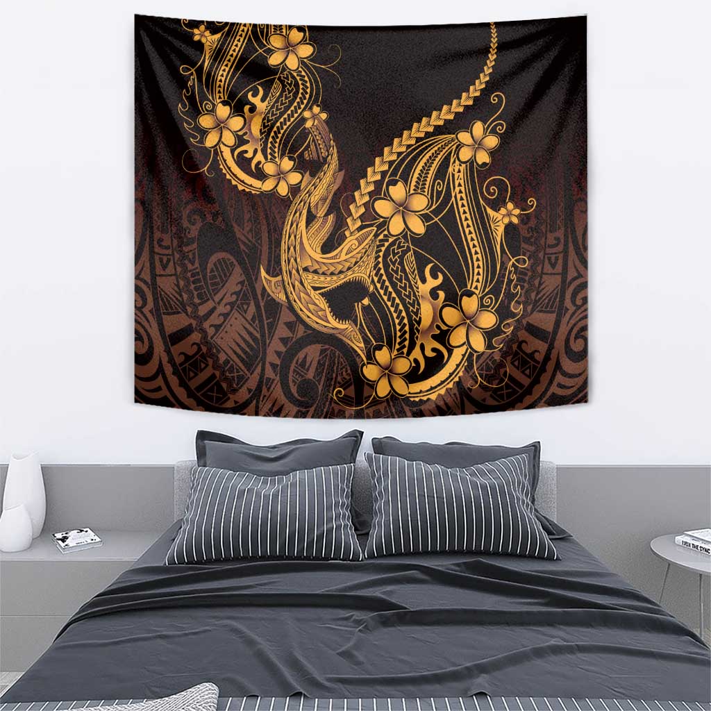 Gold Black Aloha Hawaii Tapestry Polynesian Shark Tattoo With Plumeria LT14 - Polynesian Pride