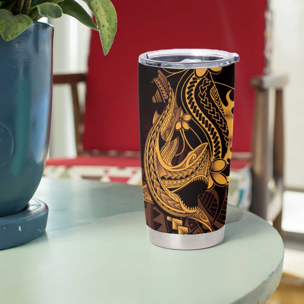 Gold Black Aloha Hawaii Tumbler Cup Polynesian Shark Tattoo With Plumeria LT14 - Polynesian Pride