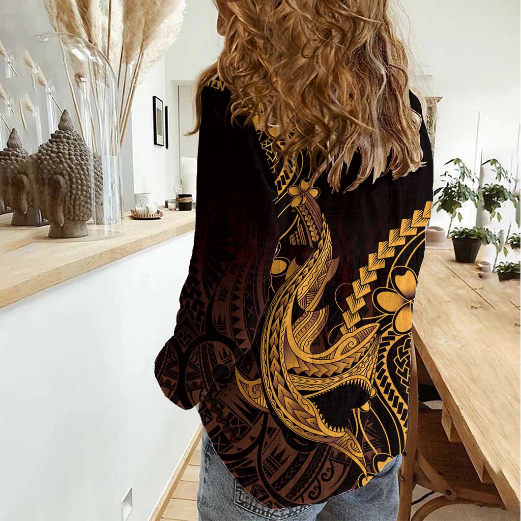 Gold Black Aloha Hawaii Women Casual Shirt Polynesian Shark Tattoo With Plumeria - Polynesian Pride