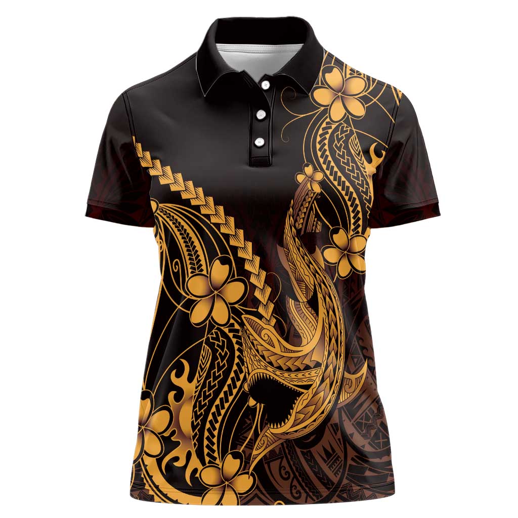 Gold Black Aloha Hawaii Women Polo Shirt Polynesian Shark Tattoo With Plumeria LT14 Female Gold - Polynesian Pride