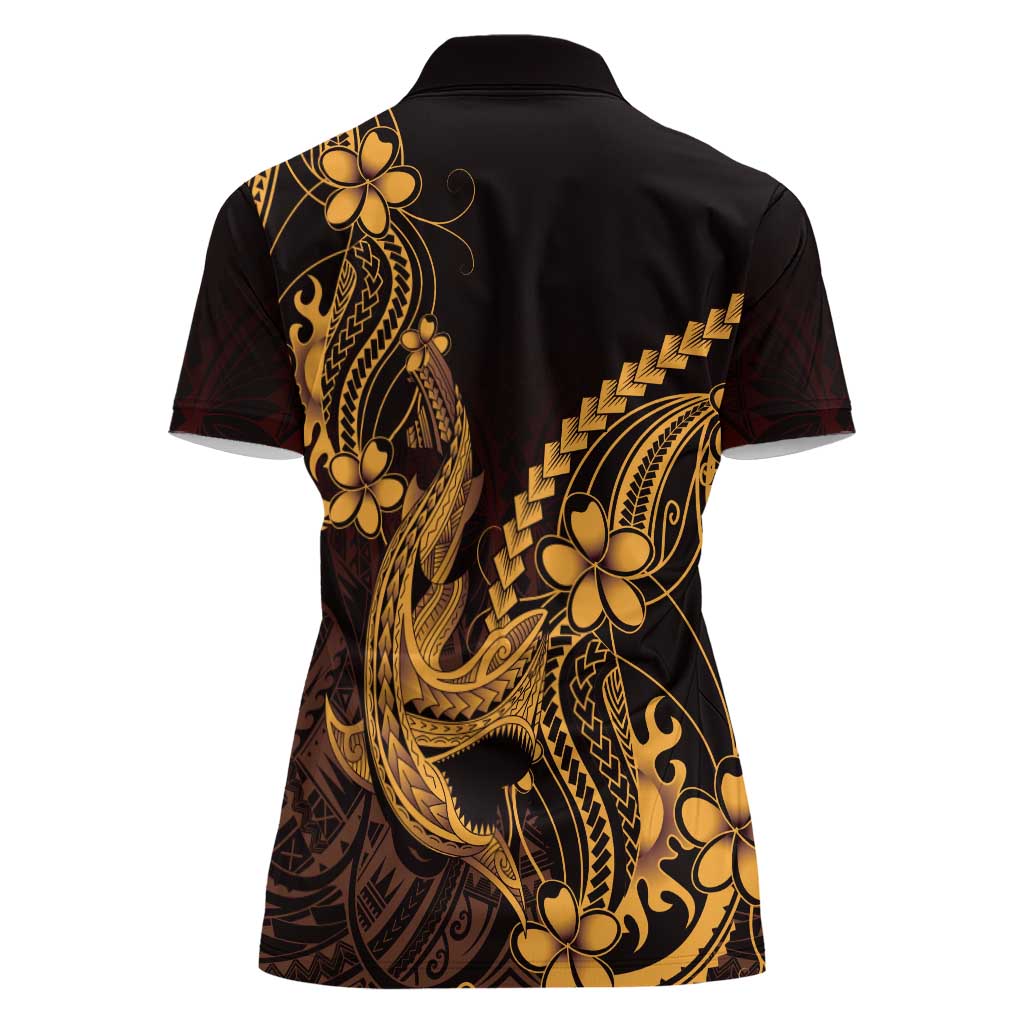 Gold Black Aloha Hawaii Women Polo Shirt Polynesian Shark Tattoo With Plumeria LT14 - Polynesian Pride