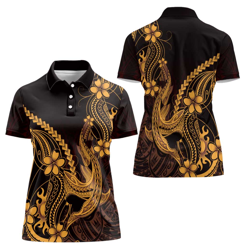 Gold Black Aloha Hawaii Women Polo Shirt Polynesian Shark Tattoo With Plumeria LT14 - Polynesian Pride