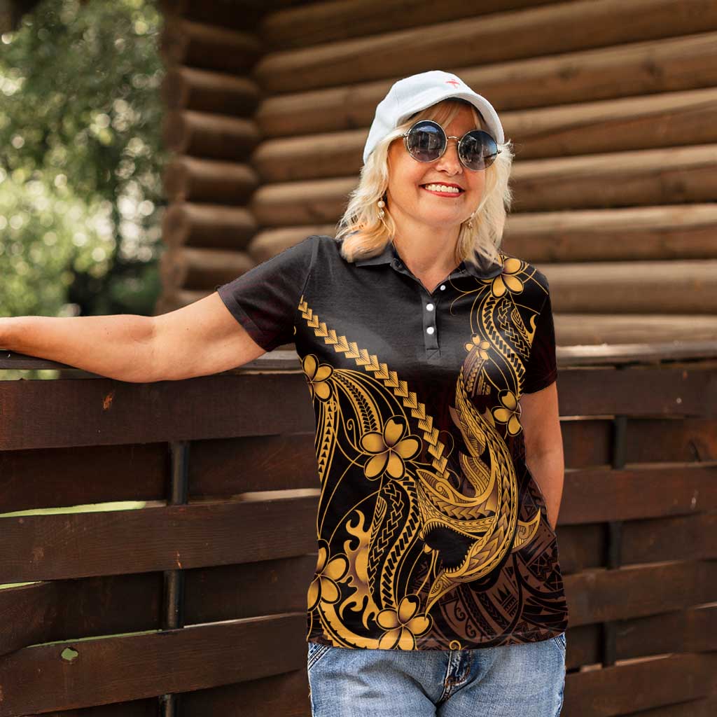 Gold Black Aloha Hawaii Women Polo Shirt Polynesian Shark Tattoo With Plumeria LT14 - Polynesian Pride