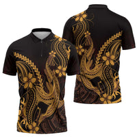 Gold Black Aloha Hawaii Zipper Polo Shirt Polynesian Shark Tattoo With Plumeria - Polynesian Pride