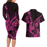 Pink Black Aloha Hawaii Couples Matching Long Sleeve Bodycon Dress and Hawaiian Shirt Polynesian Shark Tattoo With Plumeria - Polynesian Pride