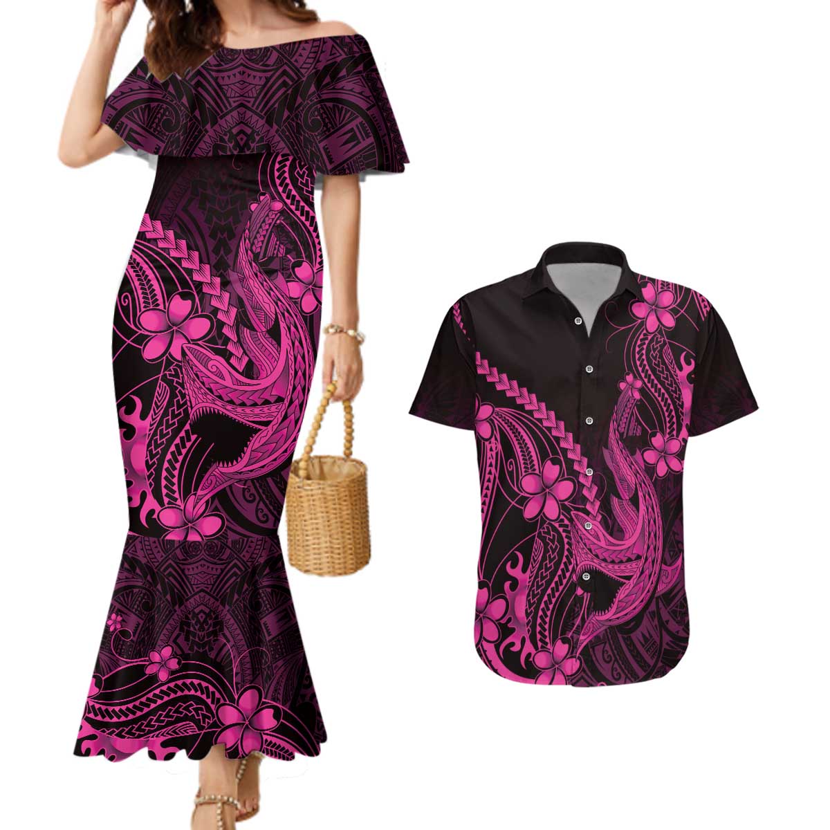 Pink Black Aloha Hawaii Couples Matching Mermaid Dress and Hawaiian Shirt Polynesian Shark Tattoo With Plumeria LT14 Pink - Polynesian Pride