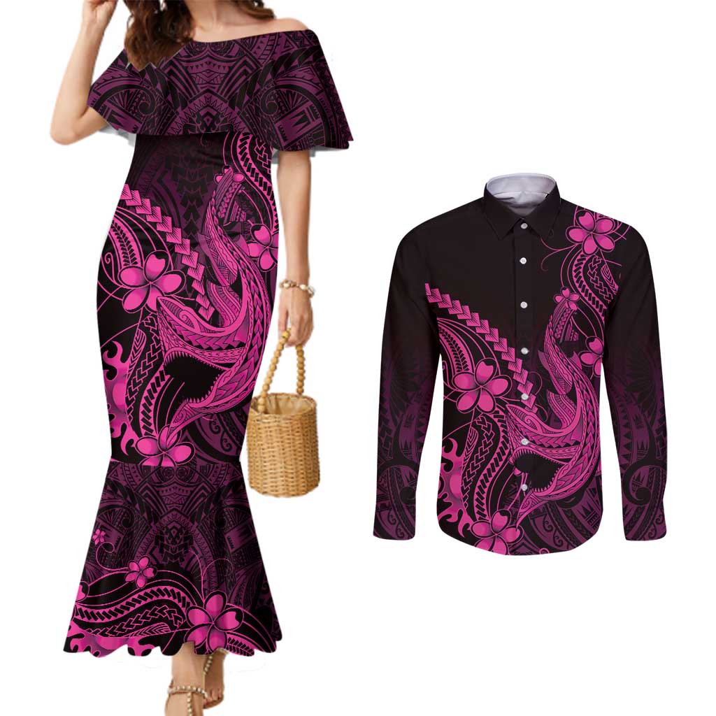 Pink Black Aloha Hawaii Couples Matching Mermaid Dress and Long Sleeve Button Shirt Polynesian Shark Tattoo With Plumeria - Polynesian Pride